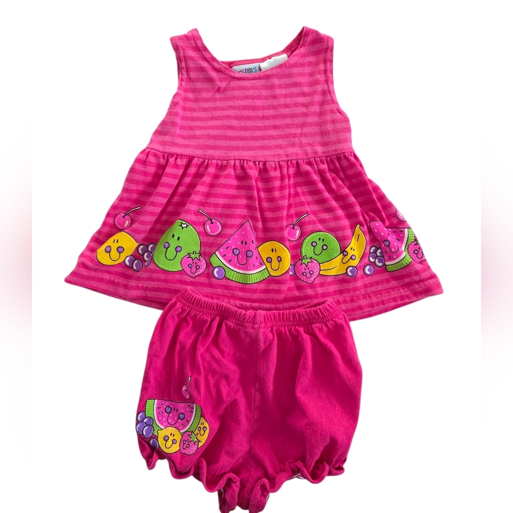 Vintage 1990s Y2k Fuschia Pink Fruit 2pc Dress Bloomers Set